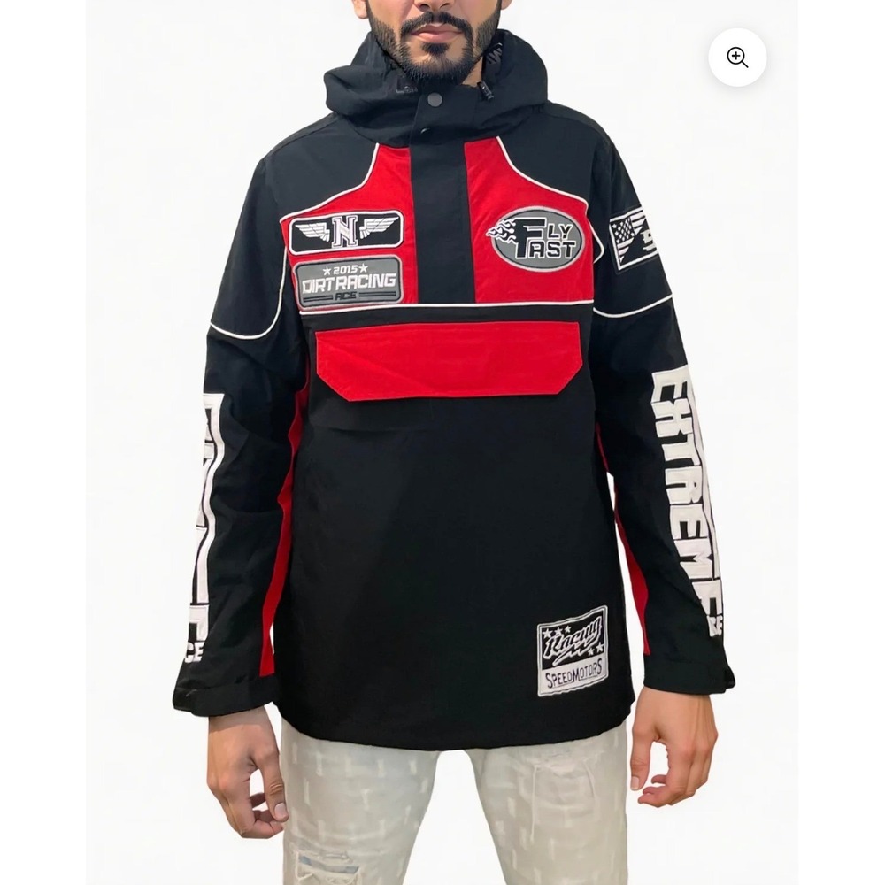 Rebel Minds Mens Racing Anorak Jacket Black Red Dirt Racing Windbreaker Medium